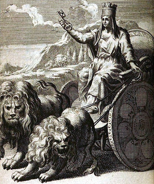獅子に車を引かせる女神キュベレ