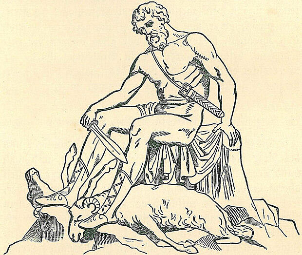 羊（オデュッセウス）を虐待するアイアス